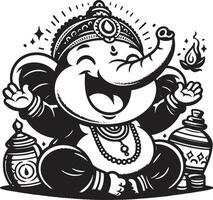 A minimalist black and white 2D depiction of Lord Ganesh, focusing on a cute silhouette for Ganesh Chaturthi. vector