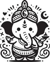 Minimalist 2D black and white depiction of Lord Ganesh, rendered with a clean silhouette for the festival. vector