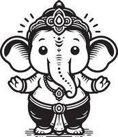 Minimalist 2D black and white illustration of Ganapati, featuring a clean silhouette for Ganesh Chaturthi. vector