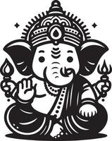 Minimalist 2D line art of Ganapati, featuring a clean and cute silhouette in black and white for Ganesh Chaturthi. vector