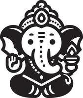 Cute and simple 2D black and white illustration of Ganapati, rendered with a focus on a clean silhouette for Ganesh Chaturthi. vector