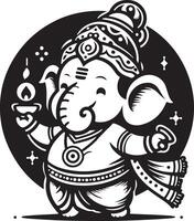 Charming and simple 2D black and white line art of Ganapati, rendered with minimal details for the Ganesh Chaturthi festival. vector