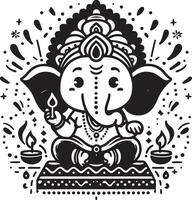 Cute and simplified 2D black and white line art of Ganapati, with a focus on clean silhouette for the festival of Ganesh Chaturthi. vector