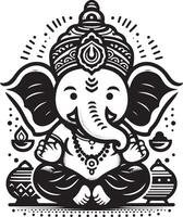 Minimalist and cute 2D illustration of Ganapati in black and white, ideal for Ganesh Chaturthi celebrations. vector