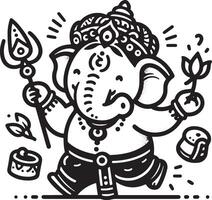 A low-detail 2D drawing of Lord Ganesh in black and white line art, focusing on a simplified silhouette for Ganesh Chaturthi. vector