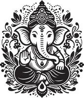 Simple black and white 2D line drawing of Ganapati, featuring a low-detail silhouette for the Ganesh Chaturthi festival. vector