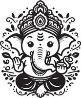 Cute 2D black and white line art of Ganapati, rendered in a minimalistic style for Ganesh Chaturthi. vector