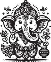 Simplified black and white 2D drawing of Ganapati, focusing on a clean and minimal silhouette for Ganesh Chaturthi. vector