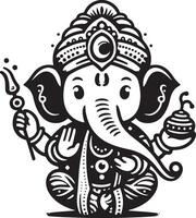 Minimalist black and white 2D illustration of Lord Ganesh, focusing on a cute and simplified silhouette for Ganesh Chaturthi. vector