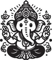 A charming 2D silhouette of Lord Ganesh in black and white, rendered in a minimalist style for Ganesh Chaturthi. vector