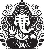 Simplified black and white 2D line art of Lord Ganapati, focusing on a cute silhouette for Ganesh Chaturthi. vector