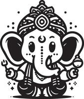 Charming 2D Ganapati silhouette in black and white line art, rendered with minimal details to celebrate Ganesh Chaturthi. vector
