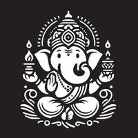 Cute 2D silhouette of Ganapati in black and white line art, rendered with minimal details for Ganesh Chaturthi. vector