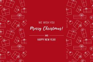 Christmas background with congratulatory inscription, with a pattern of gift boxes hand-drawn in doodle style vector