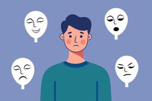 Sad man choosing fake emotion paper masks. Hiding real feelings. Mental disorder concept design vector