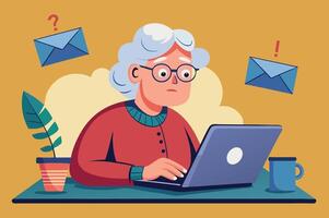 Grandma sitting at a table with a computer received spam email messages. Flat Illustration vector