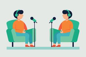 Two men sitting in the comfortable chairs recording podcast using microphones vector