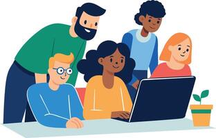 Multinational team brainstorming with computer. Collab concept illustration vector
