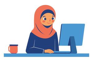 Muslim woman in hijab works on a computer. Remote work concept design vector