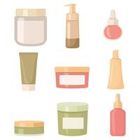 A minimalist cosmetic set featuring elegant bottles, jars, and makeup tools. Perfect for branding, packaging, or digital designs with a modern, clean aesthetic. vector