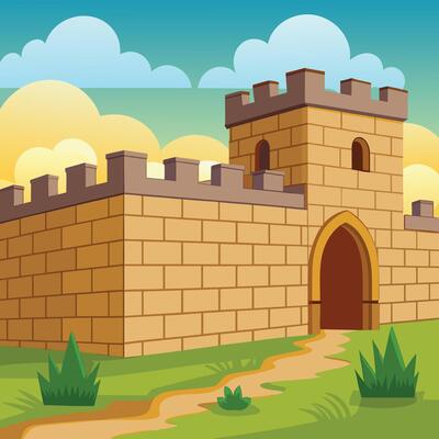 A cartoon of a old castle gate art