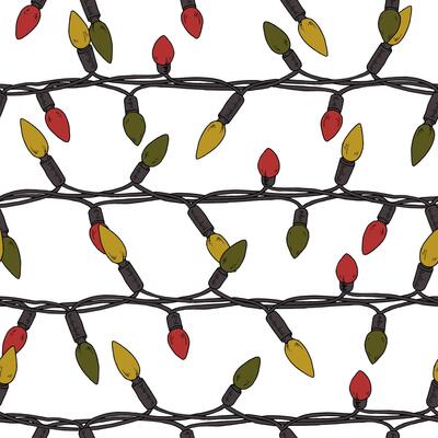 Christmas Lights seamless pattern. outline illustration. Hand drawn vintage holiday garland. Xmas decor line art. Drawing string of bulbs. Background for New Year cards or paper. Color change