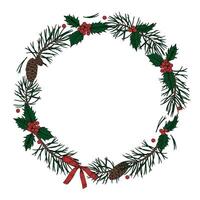 An elegant wreath illustration with fir branches, mistletoe, and berries. The vintage style, round border for creating festive Christmas cards or holiday decorations with a touch of traditional charm vector