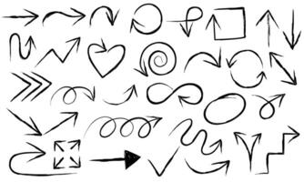 Brush pen hand drawn arrows. illustration of hand painted crayon check lines. Doodle curved chalk darts. Texture design elements of scribble lines. vector