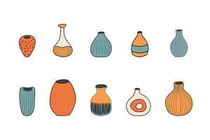 Various ceramic Vases Set in different shapes. Hand drawn illustration, isolated on white background. Trendy illustration. vector