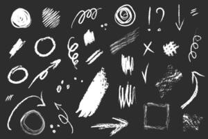 Collection of hand drawn charcoal shapes. Arrow line chalk brush set. Grunge square, spiral, arrow element scribble line brush hand drawn sketch design. Isolated illustration. vector