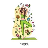 Yoga, asana tree pose, unity with nature, color illustration vector