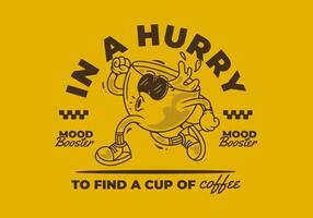 In a hurry to find a cup of coffee. Running coffee cup character in retro vintage style vector