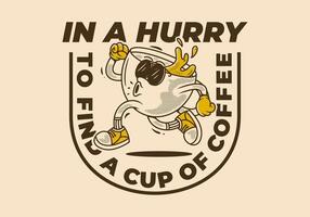 In a hurry to find a cup of coffee. Running coffee cup character in retro vintage style vector