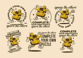Complete your own puzzle, ignore the others. Mascot character of puzzle in running pose vector