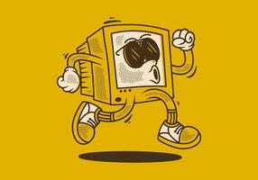 Computer monitor character design in running pose with retro vintage style, in yellow colors vector