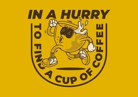 In a hurry to find a cup of coffee. Running coffee cup character in retro vintage style vector
