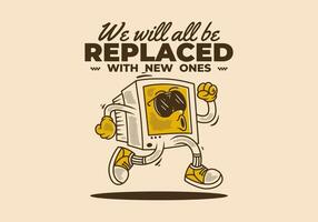 Computer monitor character design in running pose with retro vintage style vector