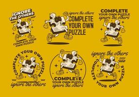 Complete your own puzzle, ignore the others. Mascot character of puzzle in running pose in yellow dominant colors vector