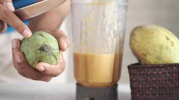 A person is holding a green fruit in front of a blender video