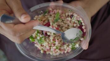 A Freshly Prepared and Vibrantly Colorful Salad Served in a Bowl with a Spoon for Eating video