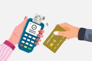 Customer making contactless payment using a credit card at the payment terminal vector