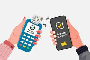 Customer making contactless payment with NFC technology using a smartphone at the payment terminal vector