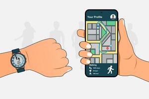 Left hand with smart watch and right hand holding a smartphone with fitness tracker app to count steps. Exercise progress or fitness tracking concept vector