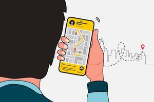 A man ordering taxi online using mobile app on smart phone. Booking taxi online concept vector