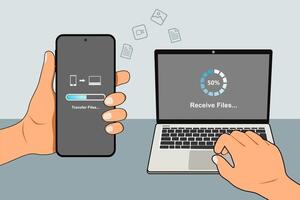A man's hand holding a mobile phone to transfer files from mobile phone to laptop. Backup, Copy file and media or exchange data concept. vector