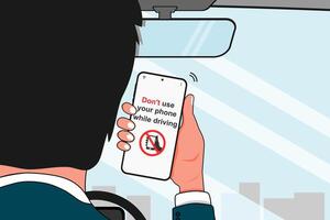Do not use your phone while driving concept. A man driving a car while using a mobile phone. Driving safety campaign. vector