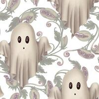 Halloween Seamless pattern with carnivorous plant and ghost in cartoon style. Hand drawn endless holiday background design. Mystical texture surface for autumn textile and spooky season crafts. vector