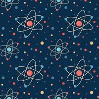 Seamless pattern with atom and orbital electrons. Scientific research, physics concept. Seamless background. Illustration on blue background vector