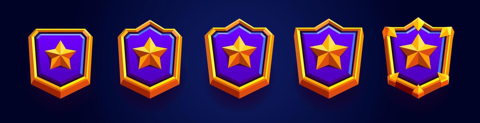 Flat golden set of game rank badge. illustration of golden emblem decorated with stars and spikes. Badge of level game for victory, level emblem.