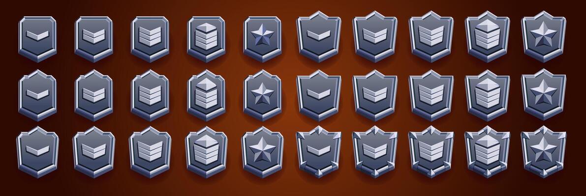 Realistic silver set of game rank badge. illustration of hexagonal silvered emblems decorated with stars and spikes. Badge of achievement, award for victory, level emblem.